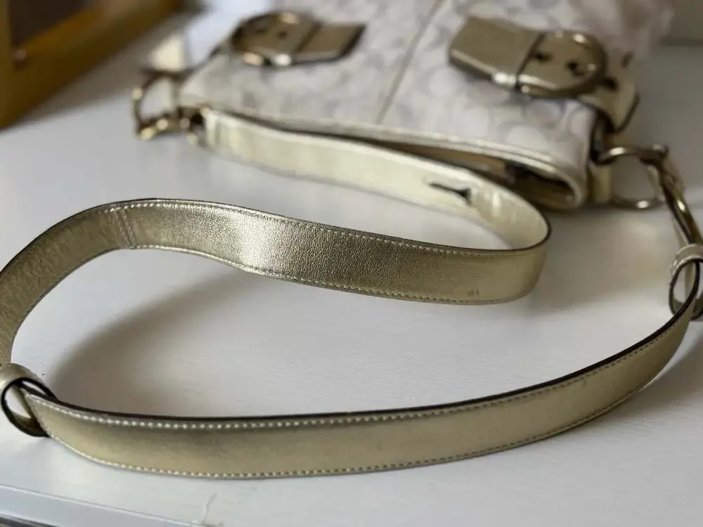 Coach Signature 3574 Hobo Shoulder Bag in Cream Canvas and Metallic Gold Leather